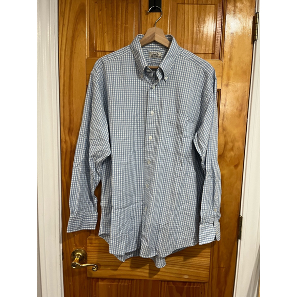 Mens Vintage Hermes Preppy Coastal Blue and White Checkered Button Down Size 17 - Picture 1 of 8
